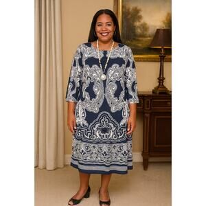 INC Plus Size 3X Navy & White Scroll Print Dress – Boat Neck, 3/4 Sleeve